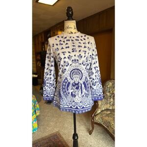 60s 70s vintage trissi bodhisattva lotus novelty print blue white tunic